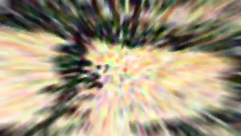 Abstrakte Komposition aus verschwommenen, radial verlaufenden Farbstrahlen in Grün, Gelb und Rosa, die von einem hellen Zentrum ausgehen.