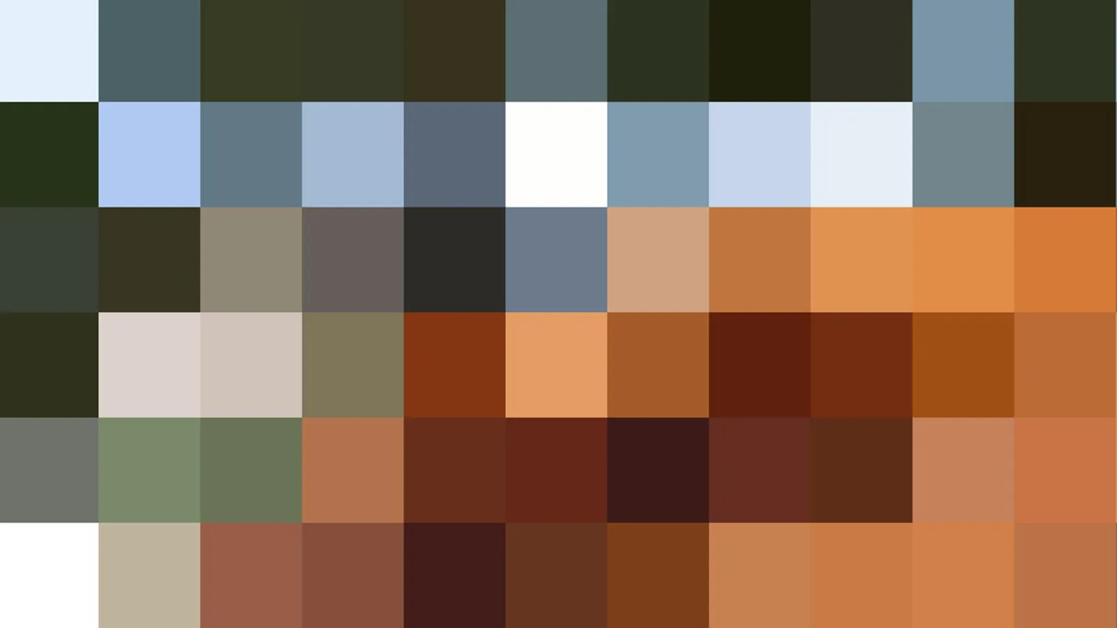 Abstraktes Mosaik aus grob gepixelten Farbblöcken in Blau, Grün, Braun und Orange, in sechs Reihen angeordnet.