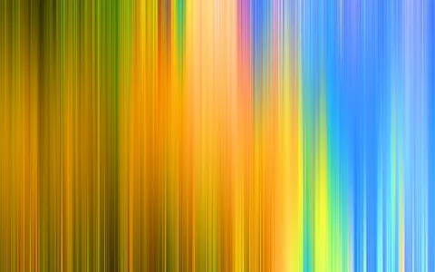 Abstrakte Komposition aus vertikalen, verwischten Streifen in Gelb, Orange, Grün und Blau, die von links nach rechts ineinander übergehen.