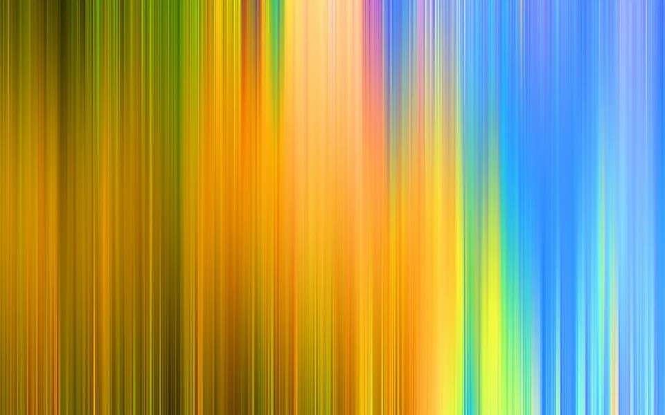 Abstrakte Komposition aus vertikalen, verwischten Streifen in Gelb, Orange, Grün und Blau, die von links nach rechts ineinander übergehen.