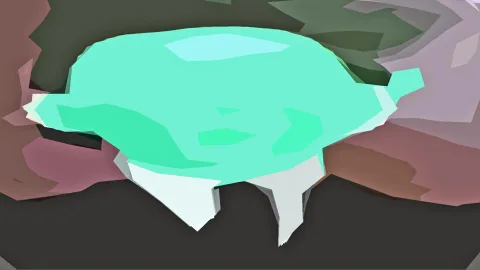 Abstrakte 3D-Form in Türkis mit hellen, zackigen Auswüchsen nach unten, vor dunklem Hintergrund mit rosa und braunen Flächen an den Seiten.