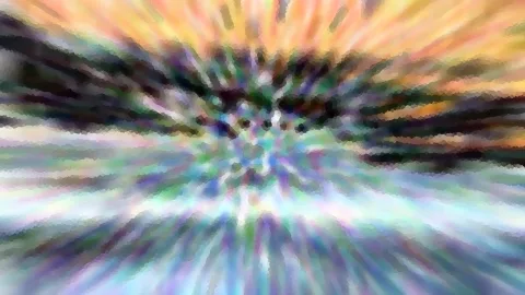 Abstraktes Bild mit radial von der Mitte ausgehenden, bunten Streifen in Orange, Blau, Grün und Violett, dunkle Schlieren oben und unten, pixelige Kachelstruktur.