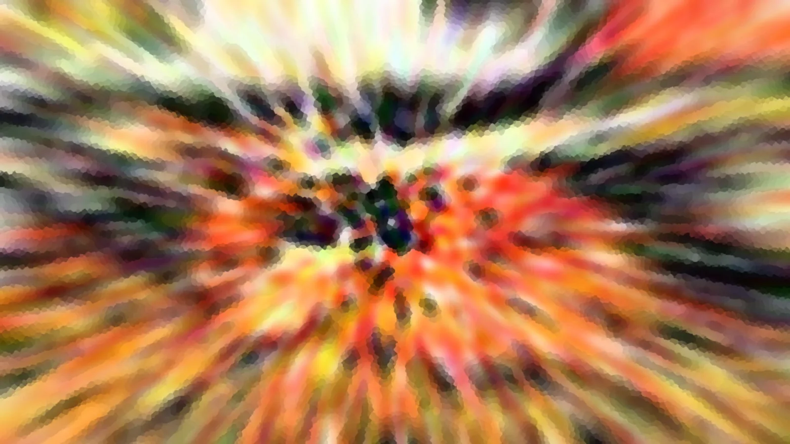Abstrakte, radial verzerrte Farbflächen in Orange, Gelb und Rot mit dunklem Zentrum und Mosaikeffekt.