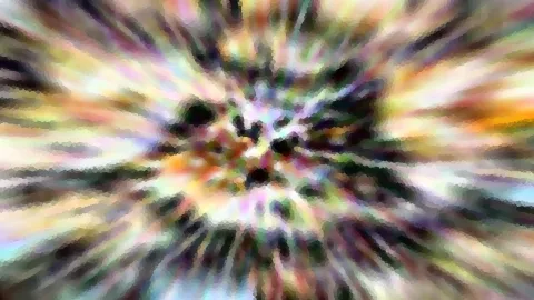 Abstrakte Komposition mit radial nach außen laufenden Farbstrahlen in Regenbogentönen um ein dunkles Zentrum, mosaikartig verpixelt.