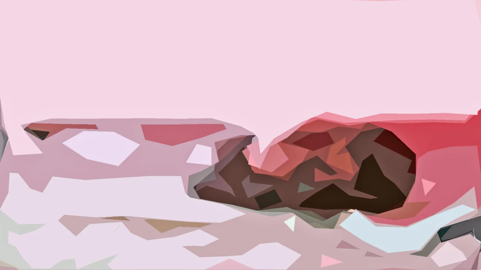 Abstrakte Komposition aus rosa, roten und braunen Polygonen, oben eine große helle Fläche