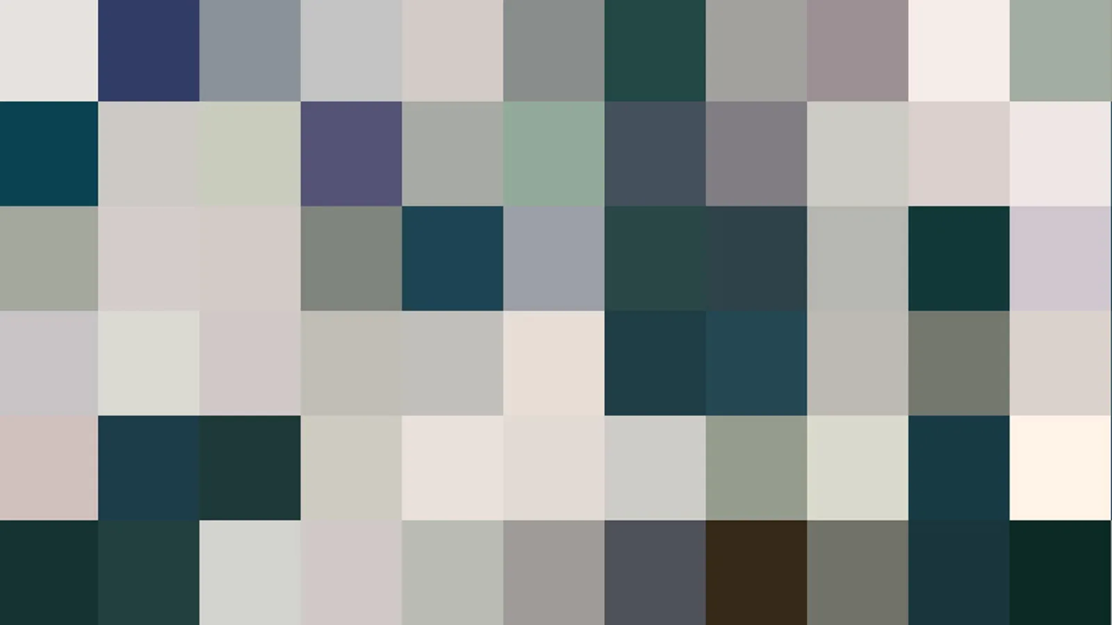 Abstraktes Mosaik aus rechteckigen Farbfeldern in Grau, Beige, Petrol und Dunkelgrün, dazu ein dunkelbraunes Feld.