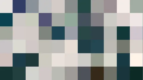 Abstraktes Mosaik aus rechteckigen Farbfeldern in Grau, Beige, Petrol und Dunkelgrün, dazu ein dunkelbraunes Feld.
