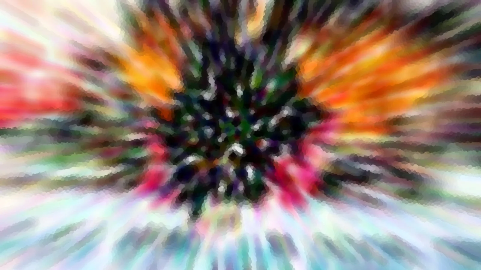 Abstraktes Bild mit einem dunklen Zentrum, von dem aus bunte Schlieren in Orange, Rot, Grün und Weiß radial nach außen laufen.