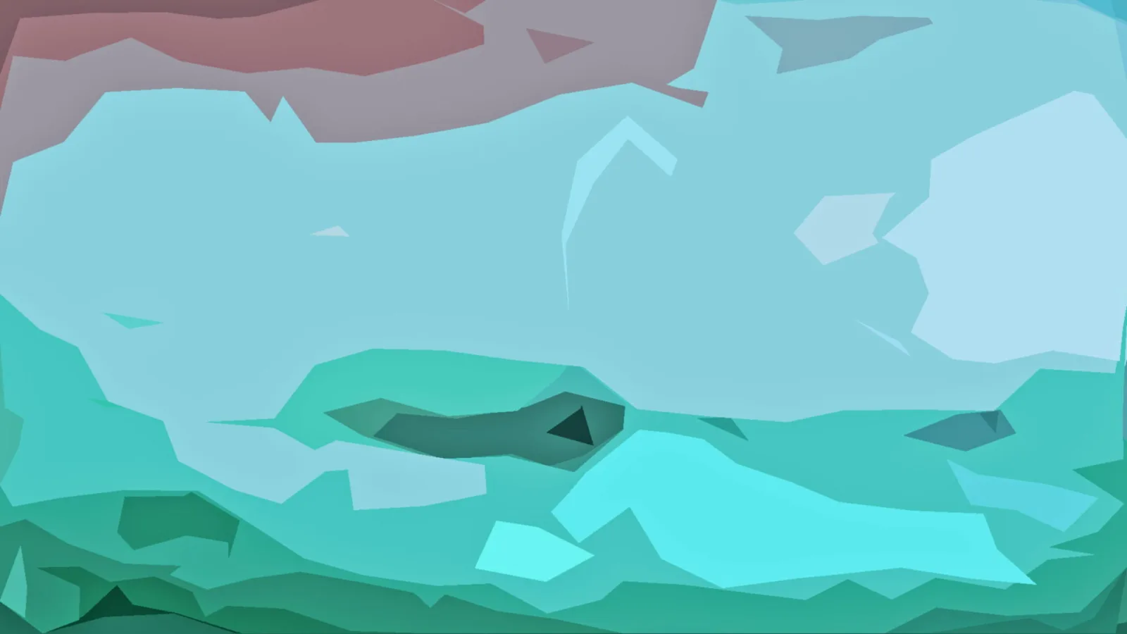 Abstrakte Low-Poly-Landschaft in Türkis und Mint mit hellen Eisflächen, oben rötlich getönt, unten dunkleres Grün.