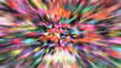 Abstraktes Bild mit bunten Farbstreifen, die von einem hellen Zentrum radial nach außen strahlen, grob gerastert wie ein Mosaik.