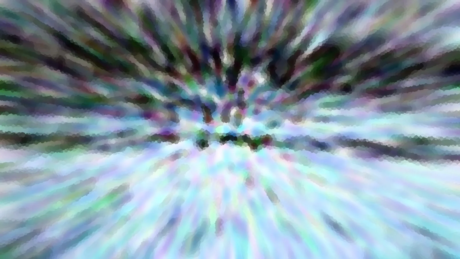 Abstrakte Komposition mit radial von der Mitte ausgehenden, pastellfarbenen Streifen in Türkis, Violett und Dunkelgrün, grob gepixelt und verwischt.
