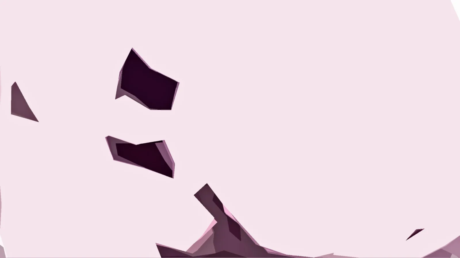 Mehrere dunkle, kantige Scherben in Violett und Aubergine verteilt auf einem hellrosa Hintergrund, unten am Bildrand dichter gruppiert.