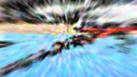 Abstrakte Komposition aus radialen Farbstreifen in Blau, Rot und Schwarz, die vom Zentrum nach außen strahlen.