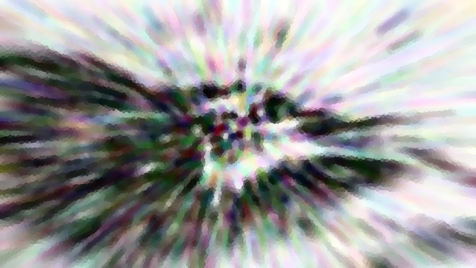 Abstrakte Farbschlieren laufen radial von einem dunklen, punktreichen Zentrum nach außen, in Pastelltönen mit Grün und Lila.