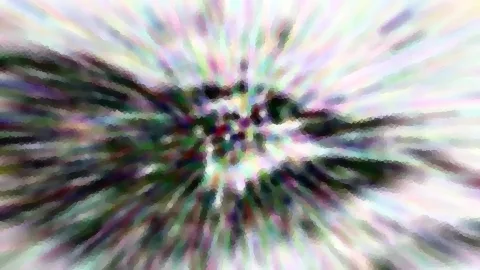 Abstrakte Farbschlieren laufen radial von einem dunklen, punktreichen Zentrum nach außen, in Pastelltönen mit Grün und Lila.