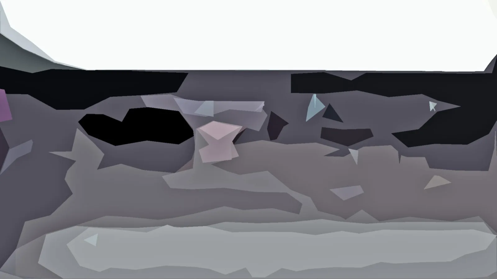Abstrakte Komposition aus grauen, schwarzen und weißen Polygonflächen mit einzelnen rosa und hellblauen Akzenten.