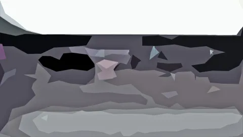 Abstrakte Komposition aus grauen, schwarzen und weißen Polygonflächen mit einzelnen rosa und hellblauen Akzenten.