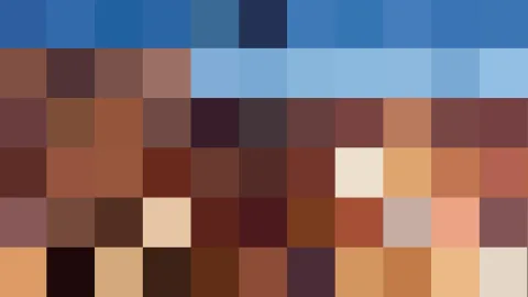 Quadratisches Pixelmosaik: oben eine Reihe blauer Felder, darunter Felder in Braun-, Beige- und Hauttönen