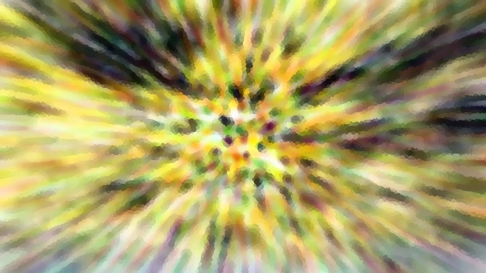 Abstraktes Bild mit radial von der Mitte nach außen laufenden Streifen in Gelb, Grün, Orange und Dunkelgrau, grob gerastert wie ein Mosaik.