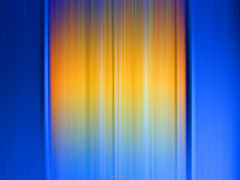 Abstrakte Komposition aus vertikalen, verwischten Streifen: In der Mitte leuchten Orange und Gelb, links und rechts dominieren tiefes Blau und helles Himmelblau.