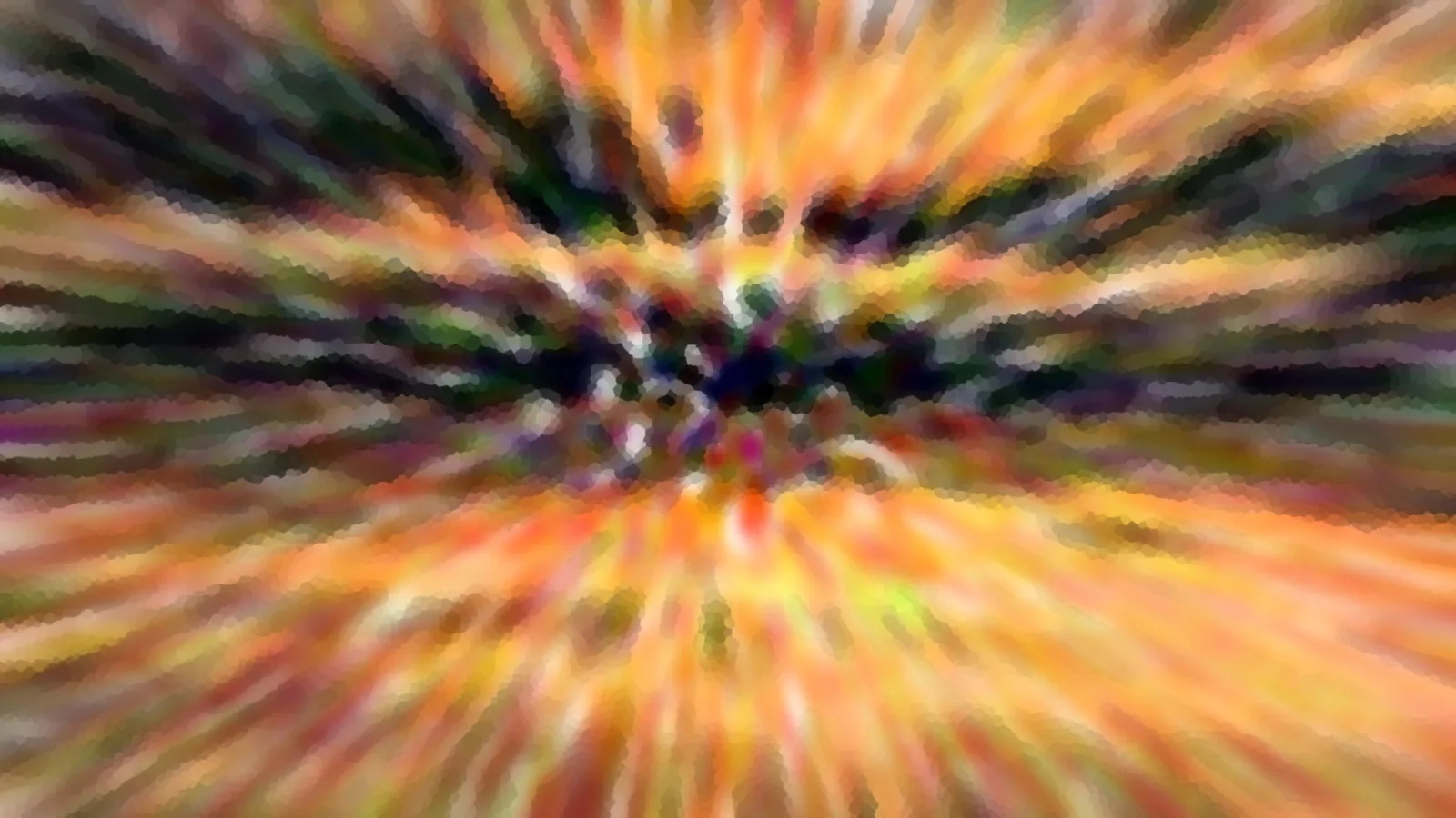 Abstrakte Komposition mit radial verlaufenden Streifen in Orange, Gelb und dunklem Grün, die zur Bildmitte hin zusammenlaufen.
