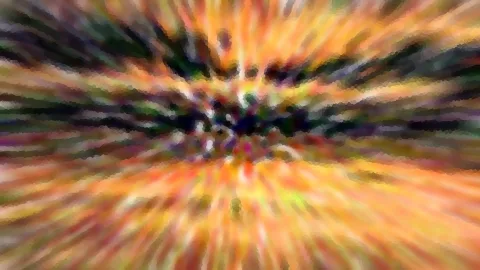 Abstrakte Komposition mit radial verlaufenden Streifen in Orange, Gelb und dunklem Grün, die zur Bildmitte hin zusammenlaufen.