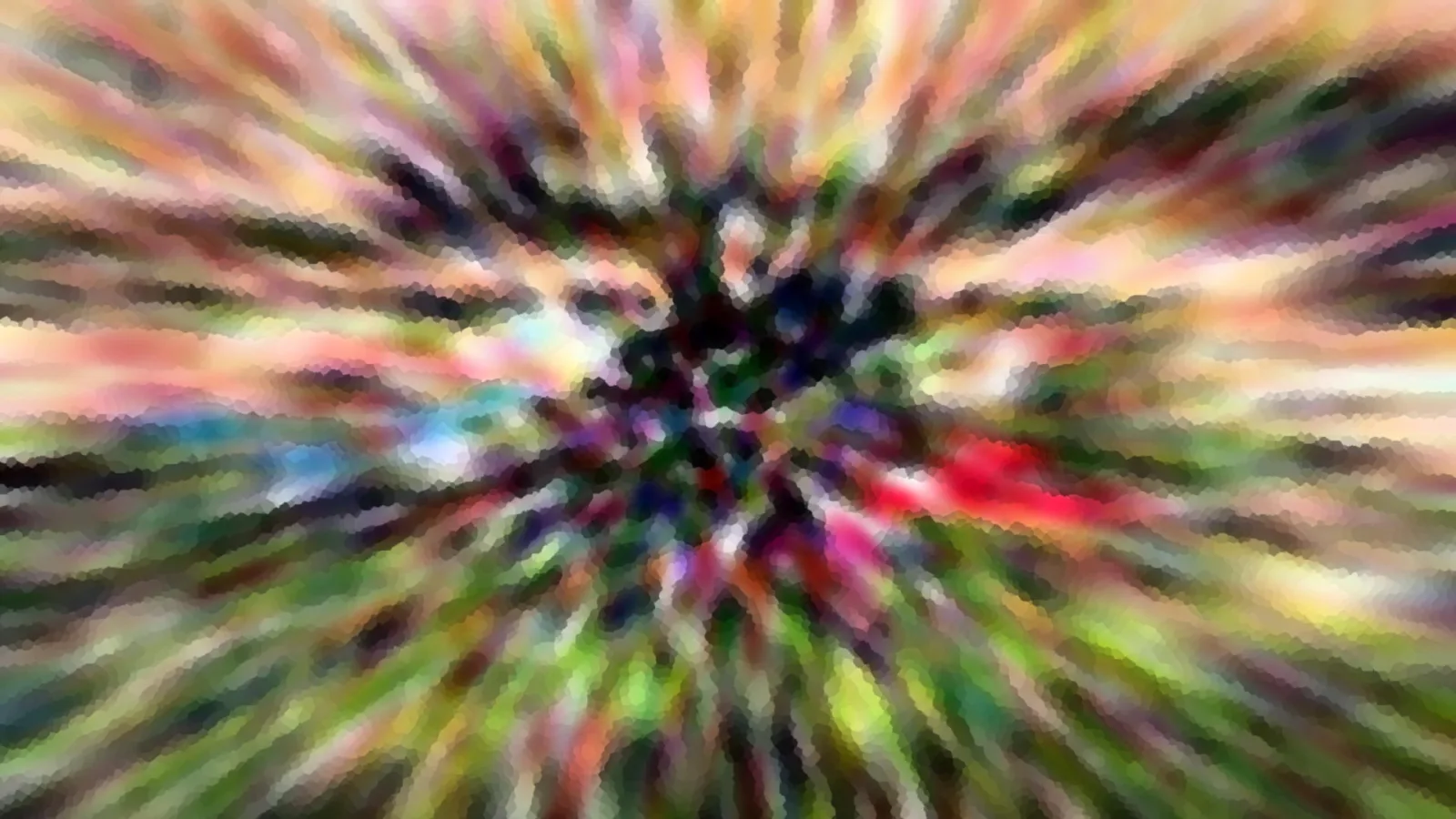 Abstrakte Farbstrahlen laufen radial von einem dunklen Zentrum nach außen, in Rosa, Grün, Rot und Gelb, mit grober, mosaikartiger Struktur.