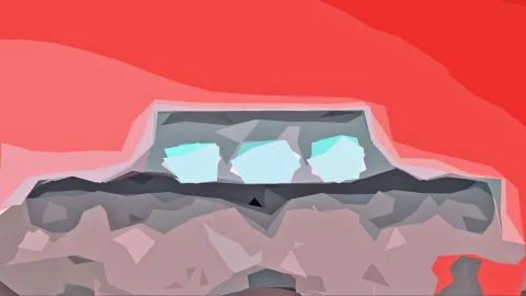 Abstrakte Low-Poly-Komposition mit roter Fläche oben, grauem Block mit drei hellblauen Feldern in der Mitte und rosagrauen Felsformen im unteren Bereich.