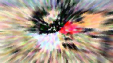 Abstrakte, radial verwischte Komposition mit dunkler Mitte, roten und orangefarbenen Akzenten und vielen bunten Pastelltönen in den Randbereichen.