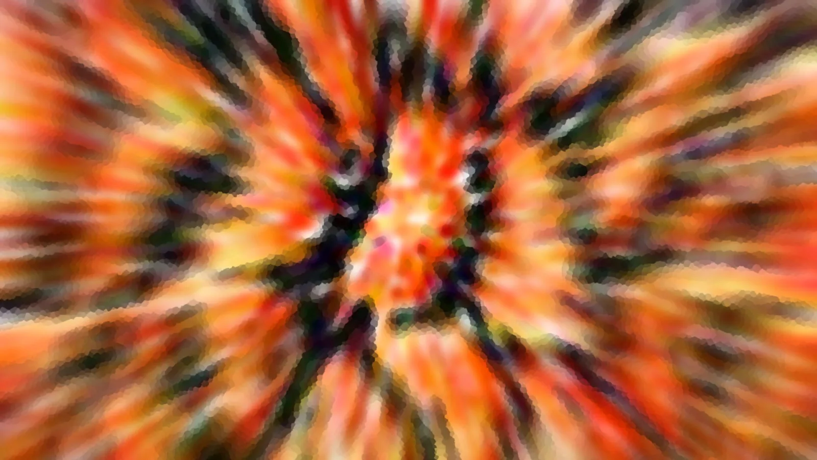 Abstraktes Bild mit radialer Unschärfe in Orange, Rot und Gelb, dunkle Streifen laufen von einer hellen Mitte nach außen.