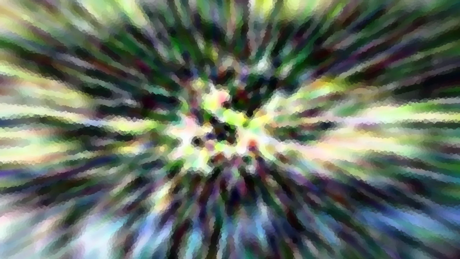 Abstrakte Komposition aus radial von der Mitte ausgehenden Streifen in Grün, Gelb und Violett mit pixeligem Mosaikeffekt.
