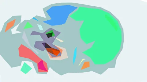 Abstrakte Komposition aus flächigen, farbigen Polygonen auf graugrünem Grund: großes Smaragdgrün rechts, blaue Form oben, rote und pinke Flächen unten links, dazwischen kleine orange, gelbe und violette Splitter.