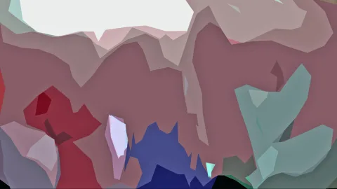 Abstraktes Bild aus flächigen, kantigen Formen in Mauve, Rot, Blau und Türkis, oben links ein helles Weiß.