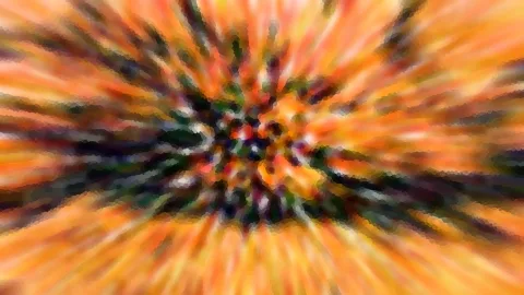 Abstrakte Komposition aus radialen Schlieren in Orange, Grün und Dunkelblau, die zur Bildmitte hin zusammenlaufen.