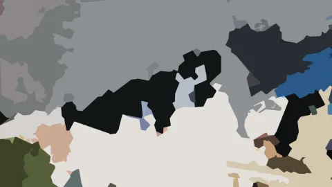 Abstraktes Bild aus unregelmäßigen Flächen in Grau, Schwarz, Weiß, Beige, Blau und Dunkelgrün, oben eine große graue Fläche.