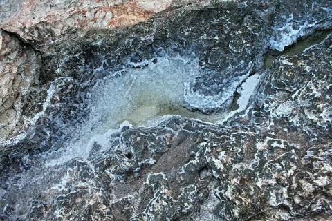 Graublaue Felsen am Meer mit weißen Salzkrusten um eine flache, ausgetrocknete Pfütze.