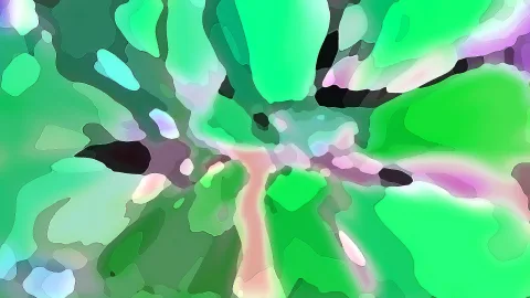 Abstraktes Bild aus grünen, rosafarbenen und schwarzen Flächen, die von einer Mitte nach außen strahlen.