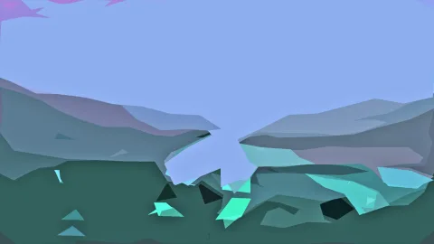 Abstrakte Landschaft aus flachen Dreiecksflächen: graue Gebirgszüge, türkisfarbene Felsen im Vordergrund und eine große, helle blaue Himmelsfläche.