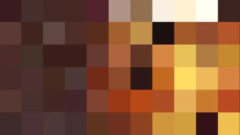 Quadratisches Pixelmosaik aus einem Raster von Farbfeldern in Braun, Ocker, Orange, Gelb und Cremeweiß, vereinzelt dunkle Felder.