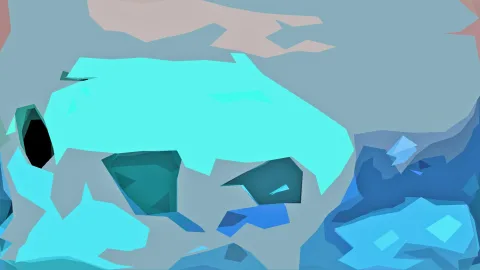 Abstrakte Komposition aus türkisfarbenen, blauen und graugrünen Flächen mit einer schwarzen Öffnung links.
