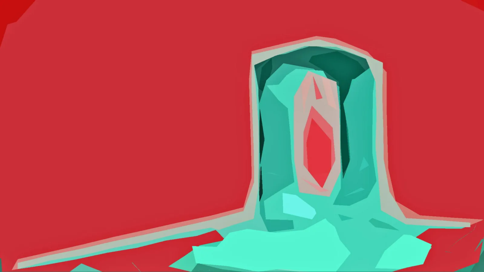 Abstrakte Low-Poly-Komposition mit großer roter Fläche und einem türkisfarbenen Torbogen, in dessen Öffnung eine rote Raute steht.