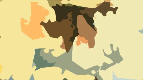 Abstrakte Komposition aus organischen Flächen in Ocker, Braun, Grau und Orange auf hellgelbem Grund.