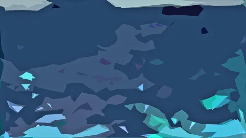 Abstrakte Komposition aus blauen, türkisfarbenen und hellgrauen Polygonformen auf dunkelblauem Grund.
