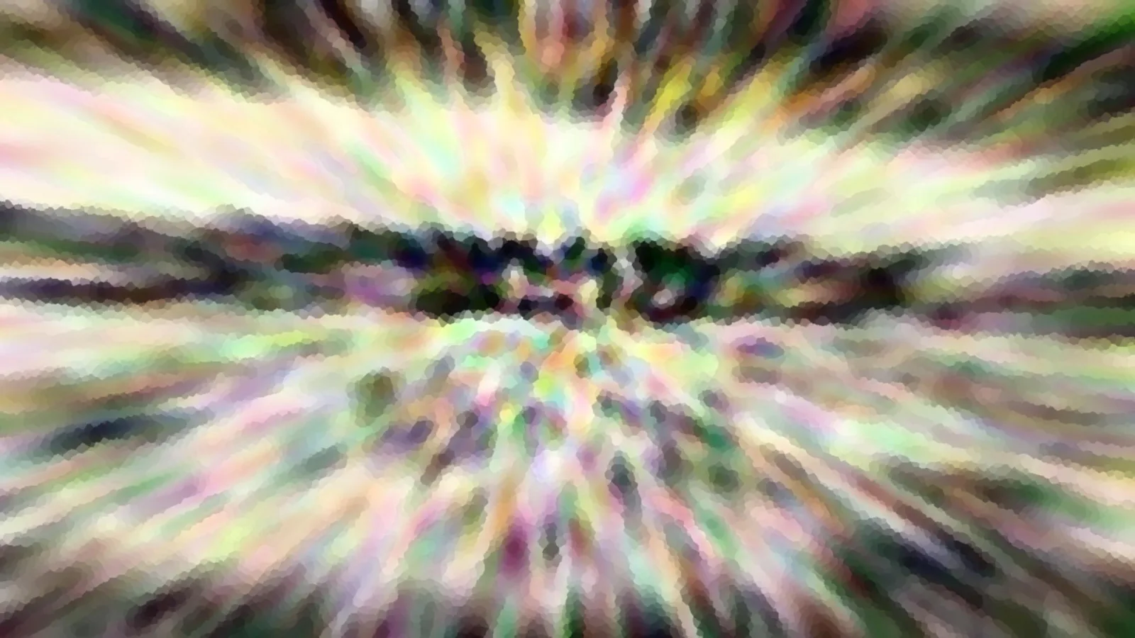 Abstrakte Komposition aus bunten Schlieren, die radial von einem dunklen, horizontalen Streifen in der Bildmitte nach außen laufen.