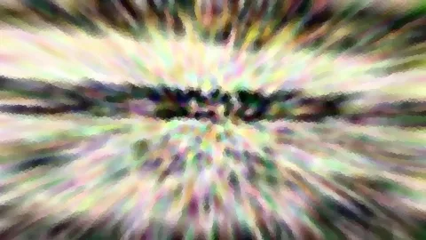 Abstrakte Komposition aus bunten Schlieren, die radial von einem dunklen, horizontalen Streifen in der Bildmitte nach außen laufen.