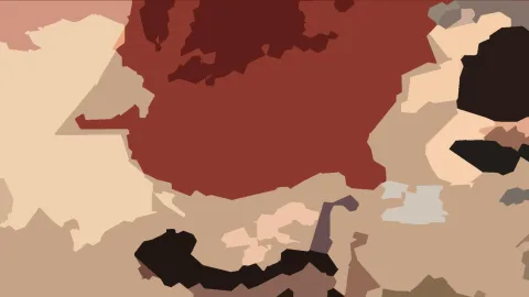 Abstrakte Komposition aus großen, unregelmäßigen Farbflächen in Rottönen, Beige, Braun und Schwarz.