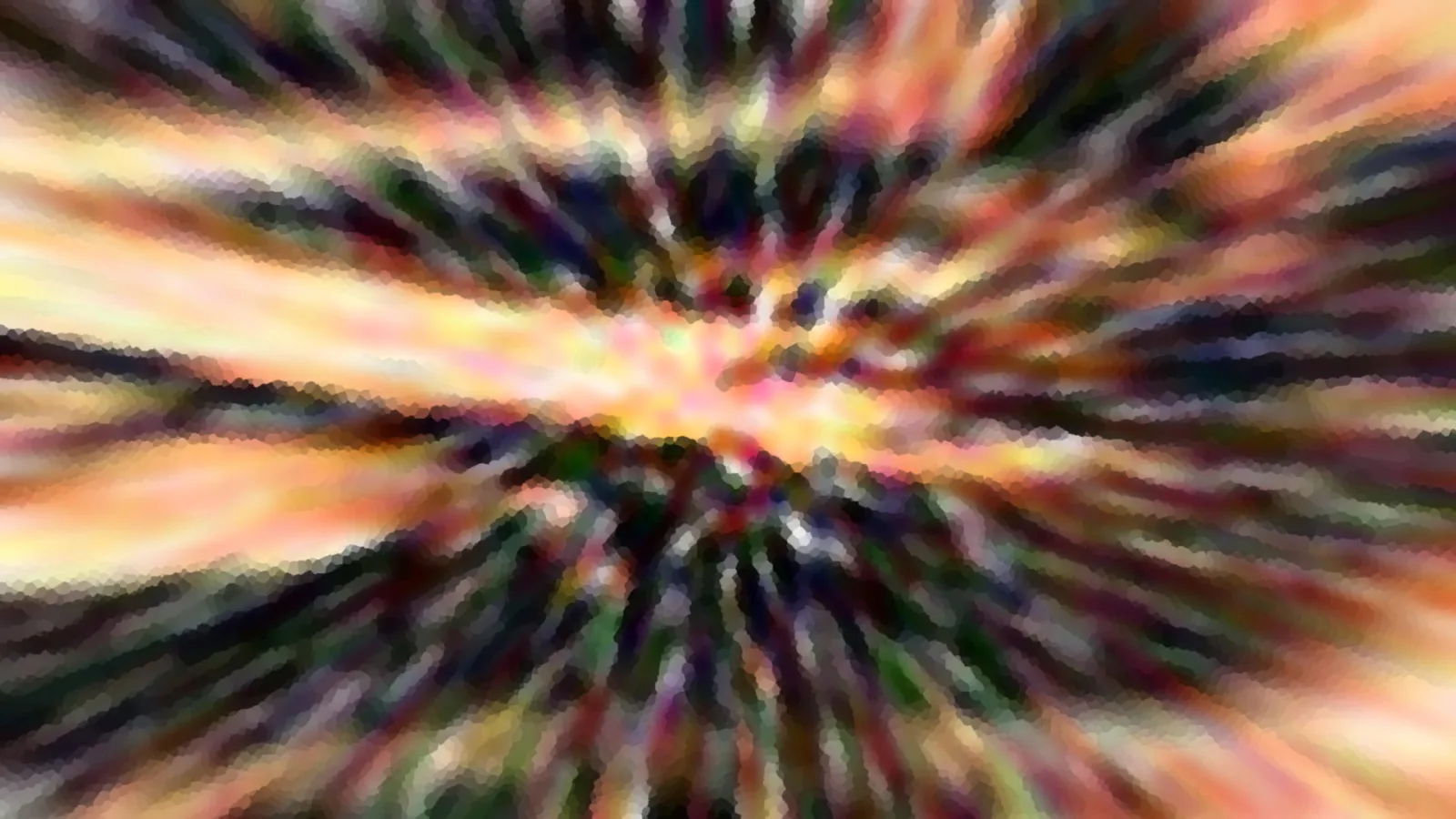 Abstrakte Komposition aus radial von einem hellen Zentrum ausgehenden Farbstreifen in Orange, Gelb, Grün und Dunkelblau, mit grober Pixelstruktur.