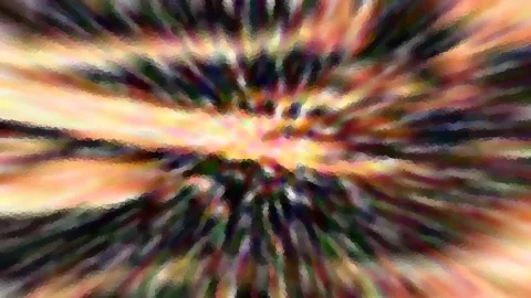 Abstrakte Komposition aus radial von einem hellen Zentrum ausgehenden Farbstreifen in Orange, Gelb, Grün und Dunkelblau, mit grober Pixelstruktur.
