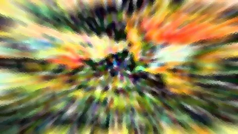 Abstrakte bunte Komposition mit radialer Unschärfe: gelbe, orangefarbene und grüne Streifen strahlen von einem dunklen Zentrum nach außen, die Kanten wirken gekachelt.