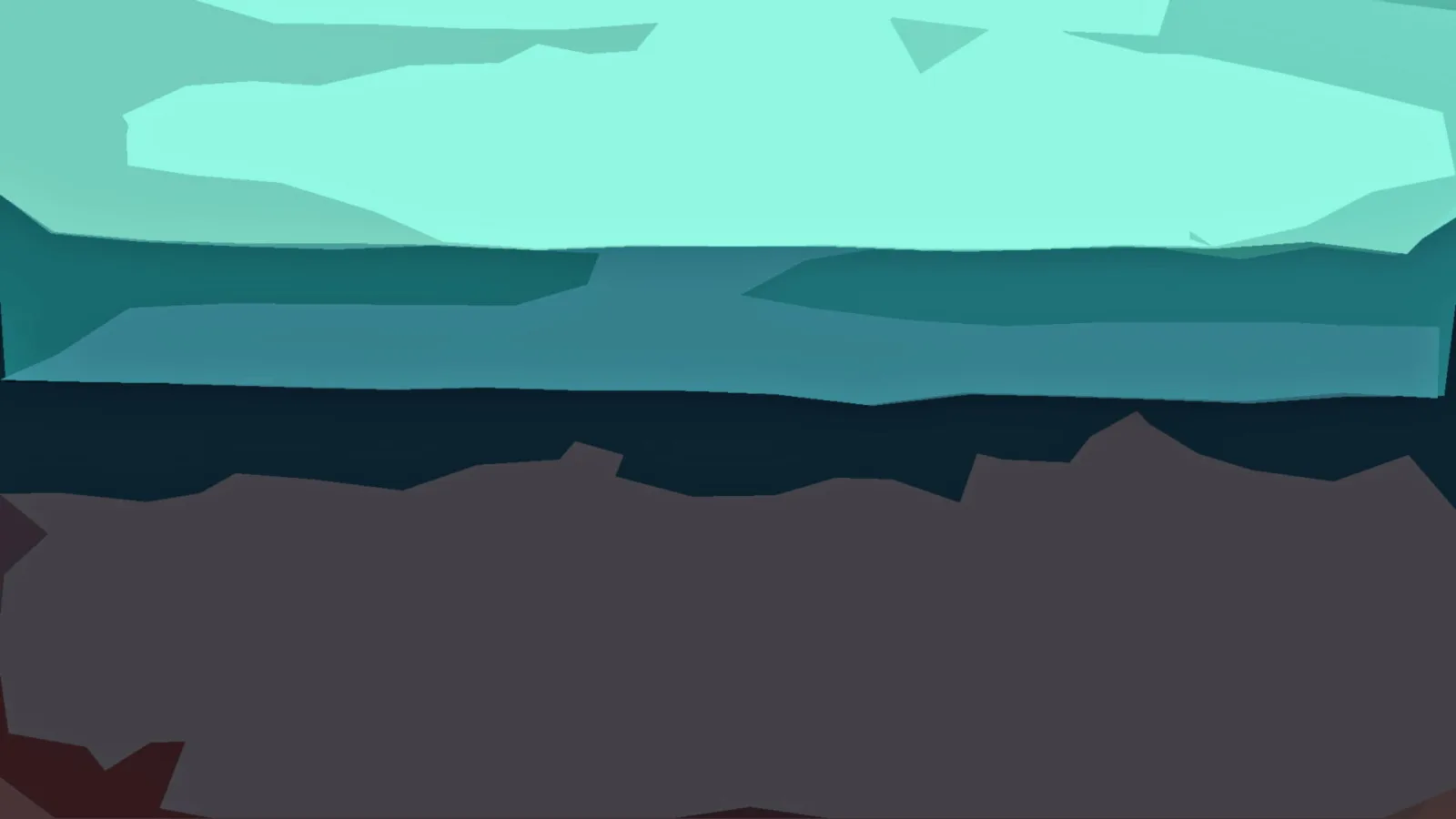 Abstrakte Landschaft aus flachen, kantigen Flächen in Mint, Petrol und Dunkelgrau, unten ein rötlicher Rand.